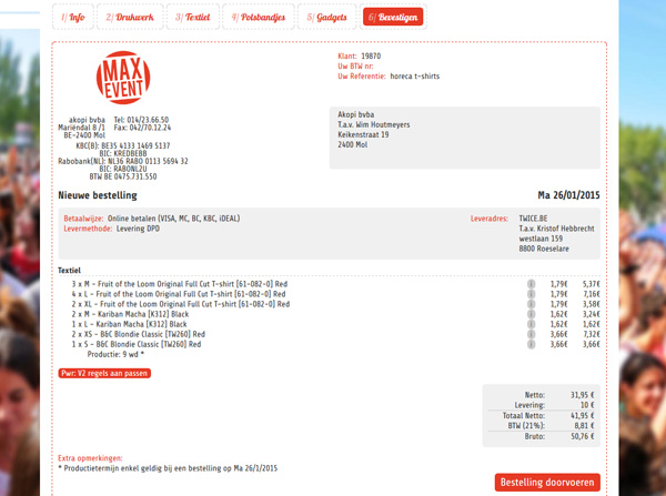 screenshot van afronding van een bestelling met onbedrukte promotiekleding